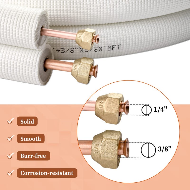 Wostore 16 Ft. Line Set 1/4&3/8 Inch 3/8" PE for Mini Split Air Conditioner Insulated Coil Copper Pipes HVAC with Fittings - Image 3